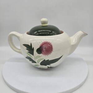 Vintage Stangl Pottery Thistle Dura-Fired 6 Cup Teapot White Green Pink 1950's